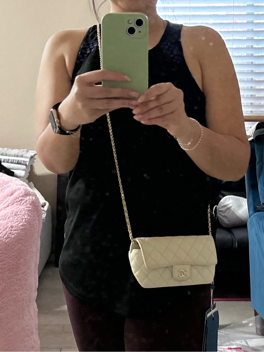 CHANEL Mini Quilted Leather Flap Bag in Cream with Gold Chain